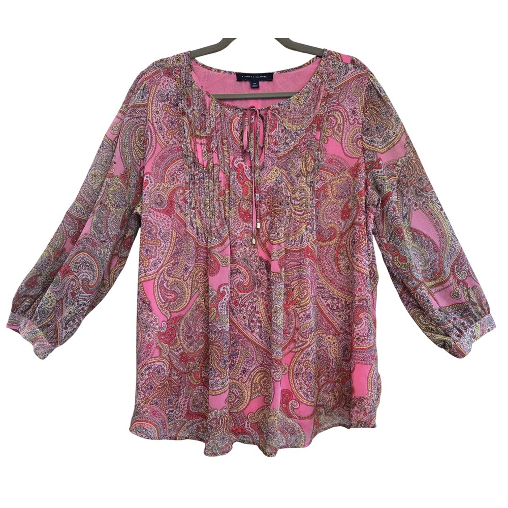 Tommy Hilfiger Boho Chic Pink Paisley Pintuck Tie Neck Blouse 3/4 Sleeve Plus 0X